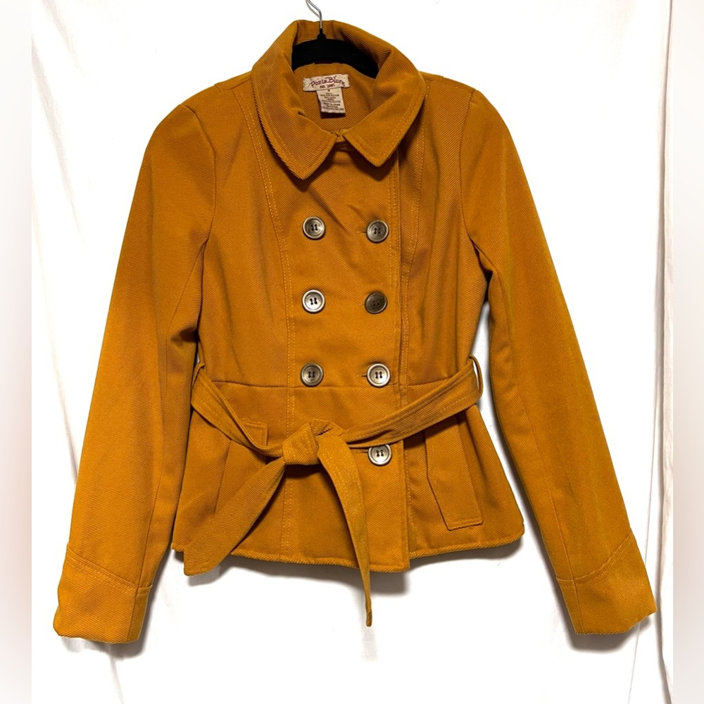 Vintage Y2K Paris Blues Mustard Yellow Wool Blend Double Breasted Pea Coat - Picture 2 of 11